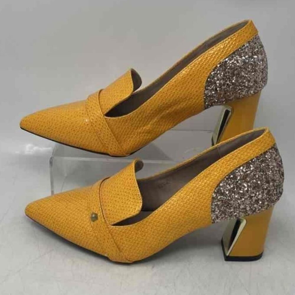 HJ. QIANLANG Dark Yellow & Silver Glitter Pointed Toe Pump Heels | EU 37
